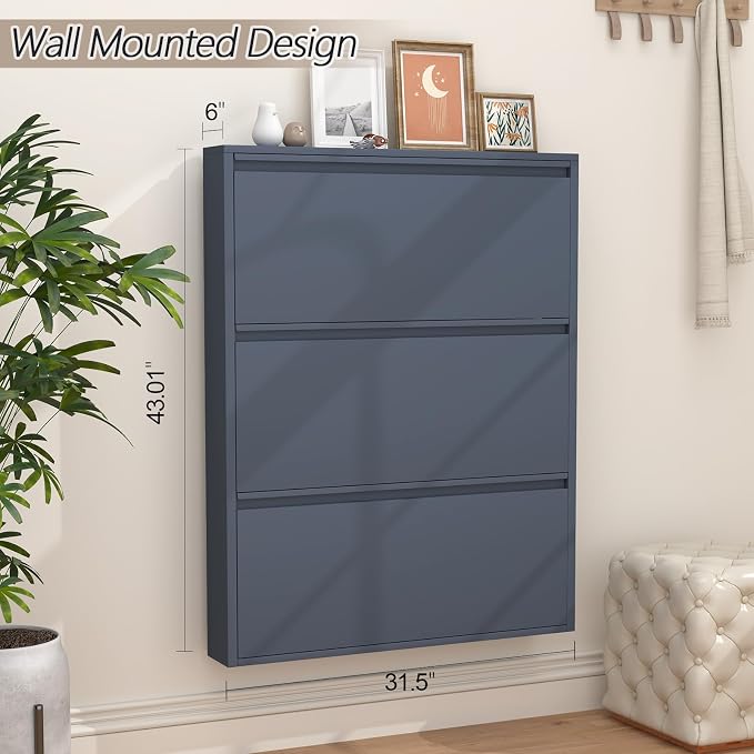 GREATMEET Shoe Cabinet with 3 Flip Drawers, Slim Metal Shoe Cabinet Storage for Entryway, Hidden Narrow Shoe Rack Organizer Cabinets Wall Mount for Living Room, Bedroom, Hallway, Blue