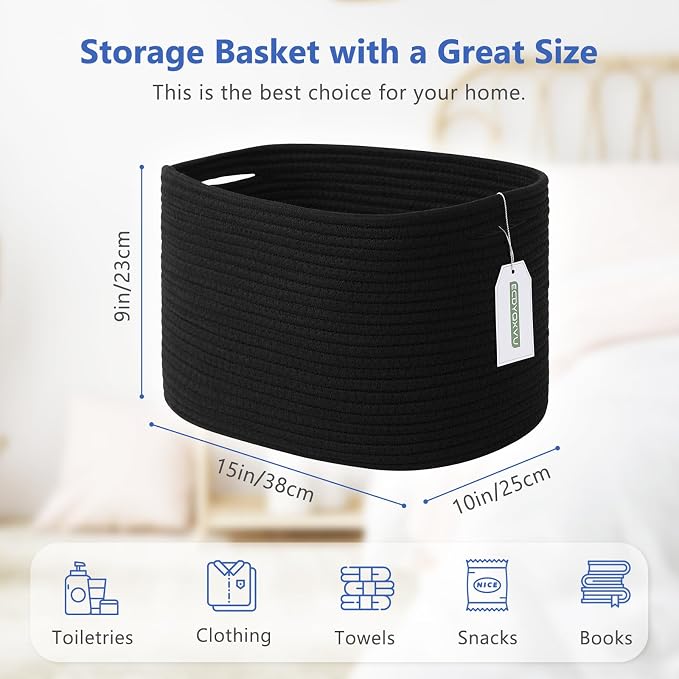 ECDYQXVU 15x10x9 Inch Woven Cotton Rope Storage Basket, Black, 1 Pack | Foldable Design, Built-in Handles, Space-saving Organizer for Living Room, Bedroom, Laundry, Shelves, Clothes, Towels