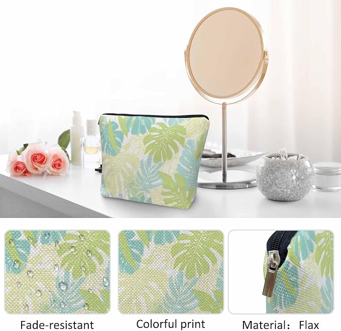 Palm Leaves Makeup Organizer Bag Cosmetic Bag For Men Women, Tropical Beach Palm Leaf Floral Travel Toiletry Bag Flax Makeup Bags Purse Business Makeup Pouch For Toiletries Cosmetics Green