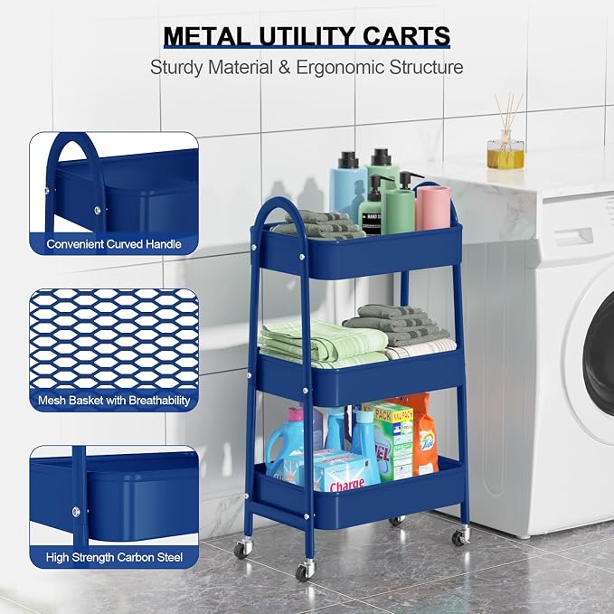3 Tier Utility Rolling Cart, Metal Storage Cart with Handle and Lockable Wheels, Multifunctional Storage Organizer Trolley with Mesh Baskets for Kitchen, Living Room, Office, Garage (Indigo)
