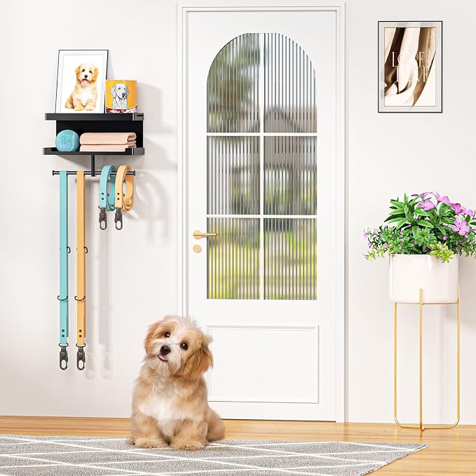 Dog Leash Holder for Wall, Leashes Hanger, Wall Mounted Dog Stuff Storage and Organizer, Metal Key Holder Pet Leash Hooks for Leashes, Training Treats, Chew Toys, Keys, Large (Black)