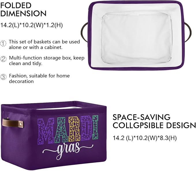 Wamika Happy Mardi Gras Purple Storage Basket with Waterproof Liner and PU Handles Fleur de Lis Storage Bins Boxes 14.2" Collapsible Decorative Organizer Baskets for Bedroom Closet Office 2 Pack