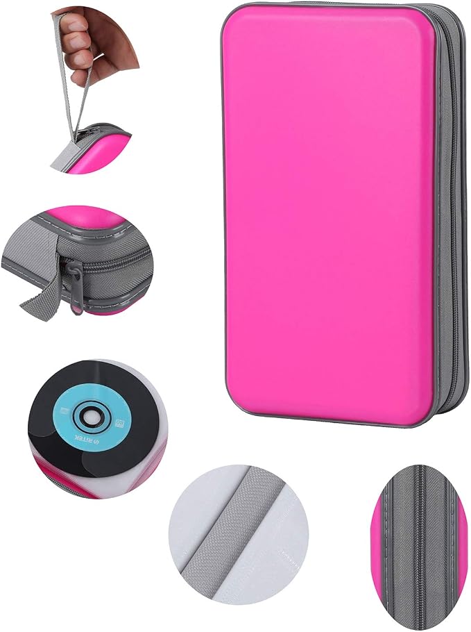 CD Case Holder,UENTIP 96 Capacity DVD Case Hard Plastic Case Holder CD Organizer Wallet Protective DVD Storage (96, Pink) | CD DVD Storage,Zipper Closure,Scratch-Resistant Sleeves,Stay Away Dust and Damp,Storage Music Video Gaming Discs Blu-ray