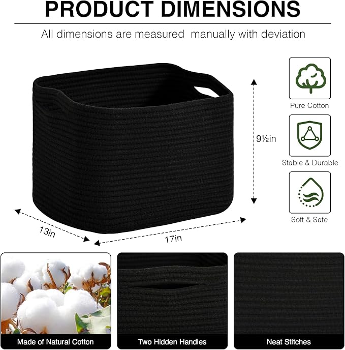 ICERZCZ Woven Cotton Rope Storage Basket for Organizing, Cute Decorative Baskets for Gifts Empty, Organizer Bins for Dog Toy, Baby Laundry, 17“×13”×9.5“, Black