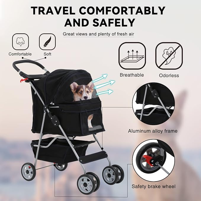 4 Wheels Dog Stroller, Pet Cat Jogger Stroller, Folding Carrier Waterproof Puppy with Cup Holder & Removable Liner, Dog Strollers for Small Dogs, for Small and Medium Pet Supplies (Black)