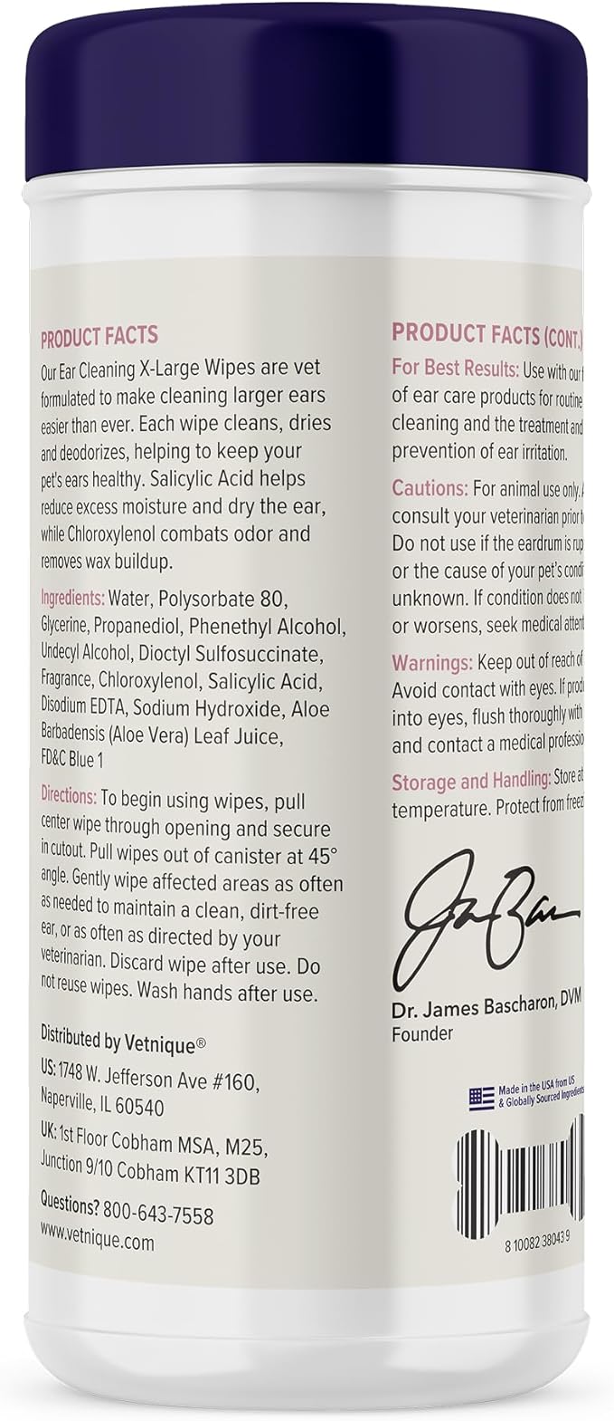 Vetnique Oticbliss Cat & Dog Ear Wipes - Dog Ear Infection Wipes or Dog Ear Cleaner Wipes for Dirty, Waxy, Smelly Ears, Odor Control with Aloe Vera & Salicylic Acid (X-Lg Ear Cleaning Wipes (60ct))