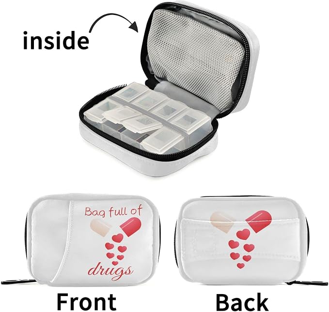 Pill Organizer Pill with Hearts Pill Box 7 Day Pill Case Bag Travel Pill Organizer Bag with Zipper Portable Weekly Case Compact Size for Vitamin Supplement Holder