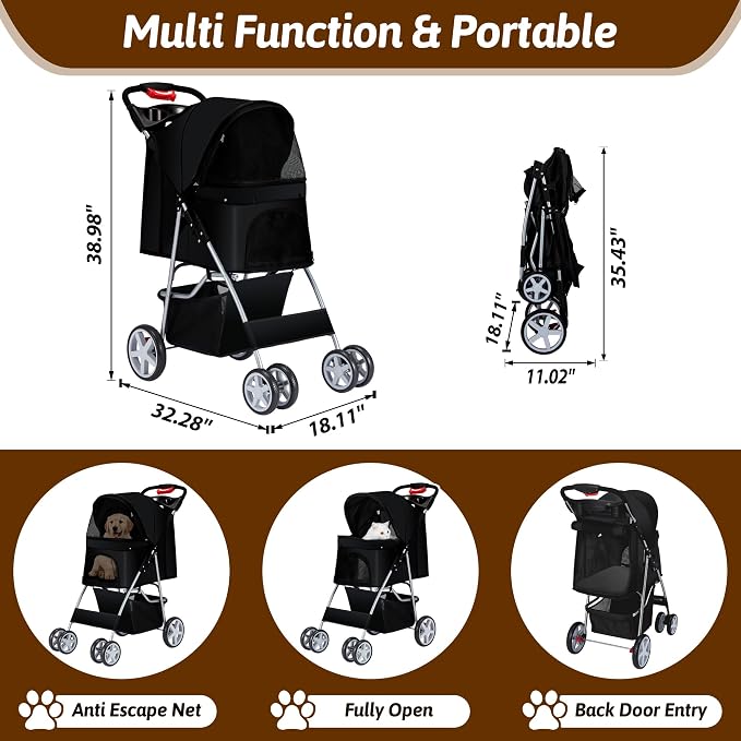 Foldable Pet Stroller 4 Wheels for Small Medium Dogs Cats,Black | Small/medium dogs,cats. Breathable Storage& cup holder.Lightweight,portable,all-season for smooth strolls