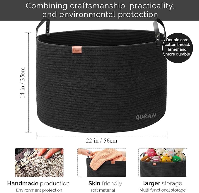 Cotton Rope Woven Laundry Basket 22"X 22"X 14" with handles (Pure Blk) XXXL | Hand-woven, ideal for storing blankets and cushions in the living room, and clothes for household storage.