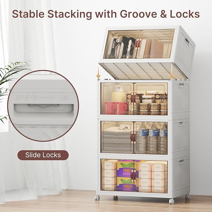 Stackable Storage Bins with Lids, 192QT Lockable Storage Cabinet | Folding Storage Box with Doors and Wheels, Collapsible Plastic Drawers for Home, Garage, Office