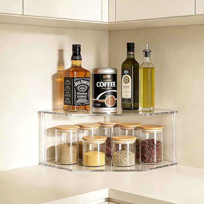 2 Pcs Black Acrylic 2-Tier Stackable Corner Organizer Shelf | Space Saving Clear Acrylic Corner Rack to Organize Spices, Tableware and Household Supplies