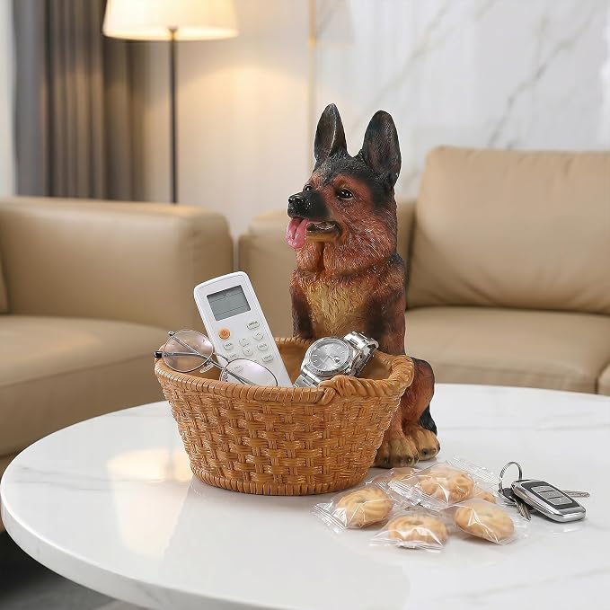 Cute German Shepherd Candy Bowl, Resin Dog Figurine Key Bowl for Entryway Table, Desktop Storage Basket Organizer for Desk, Unique Dog Lover Gift