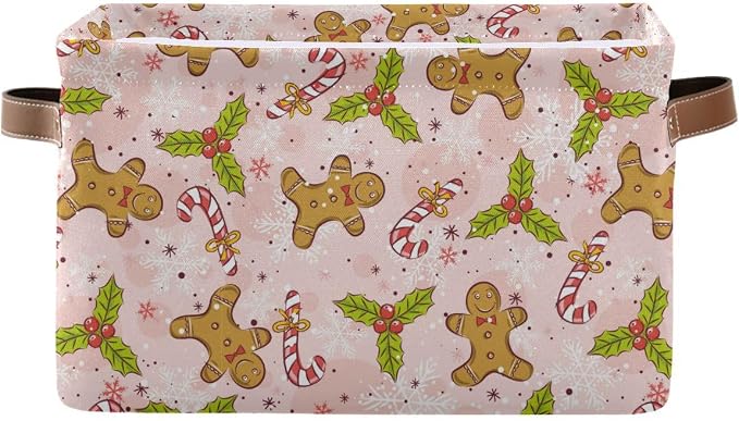 Christmas Gingerbread Man Pink Storage Basket Fabric Kitchen Baskets Candy Cane Poinsettia Winter Open Home Storage Bins Boxes Foldable Organizer Bag for Xmas Decorations Baskets 16×12×8 Inches 2 Pack