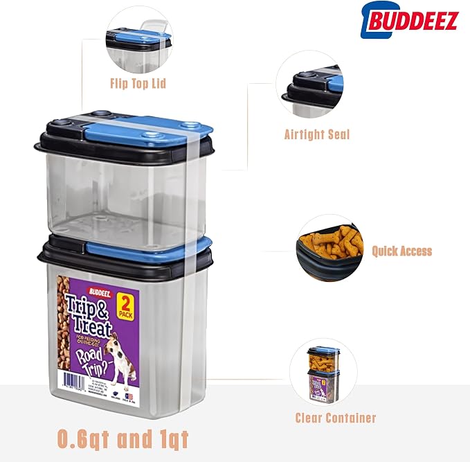 Buddeez Trip and Treat - Pet Food Storage with Flip Lid - Stackable BPA Free Treat Containers - Travel Food Dispenser for Pets - 1QT and 0.6QT