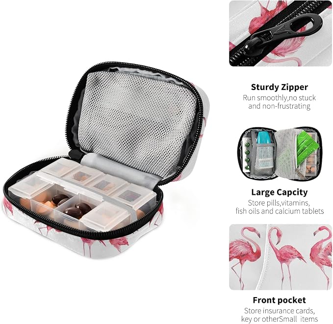 Watercolor Flamingos Pill Box 7 Day Pill Case Travel Pill Organizer Bag with Zipper Portable Weekly Case Compact Size for Vitamin Supplement Holder