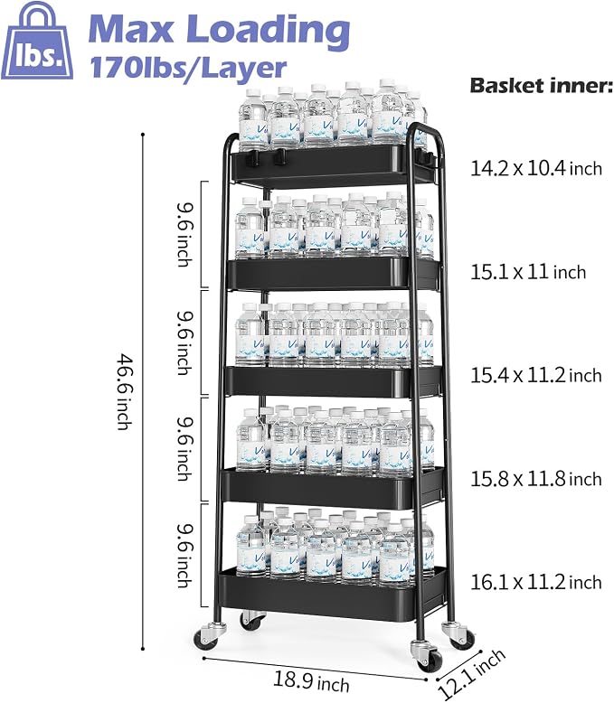 TOOLF 5-Tier Metal Rolling Cart with Wheels, Storage Utility Organizer Cart for Kitchen, Bathroom, Office, Baby Essentials & Makeup - Lockable Casters, Easy Assembly, Large Capacity, Black