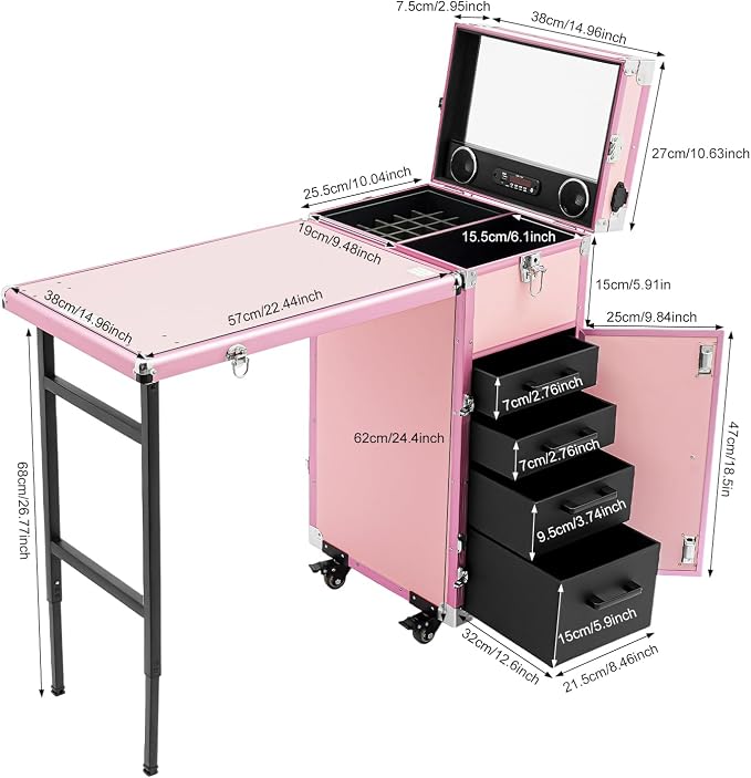Cosmetic Trolley Storage Organizer, Foldable Nail Tables with 4 Drawers Mirror&Speaker for Hair Stylists Pet Groomers Makeup Artists Technician Workstation Salon (Pink)