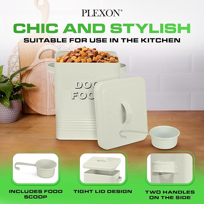 Plexon Metal Dog Food Storage Container with Scoop - Small Dog Food Container Holder Treat Jar Bin with Lid - Pet Chow Storage Canister Tin, 1.5 Gallon, 7 lbs, Off-White
