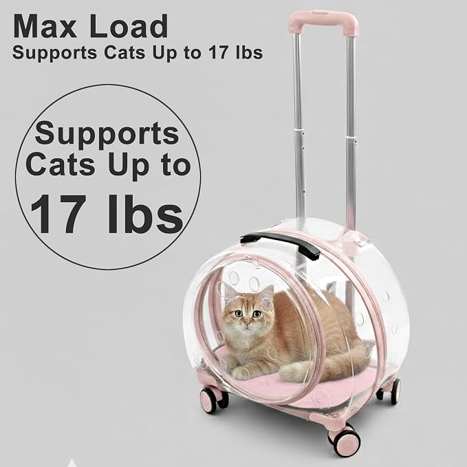 Transparent Hard Shell Cat Carrier with Wheels, Pink | Rolling cat carrier, 17-lb max load, Breathable, Telescoping handle, Shoulder strap, Clear pet carrier, Portable, Travel