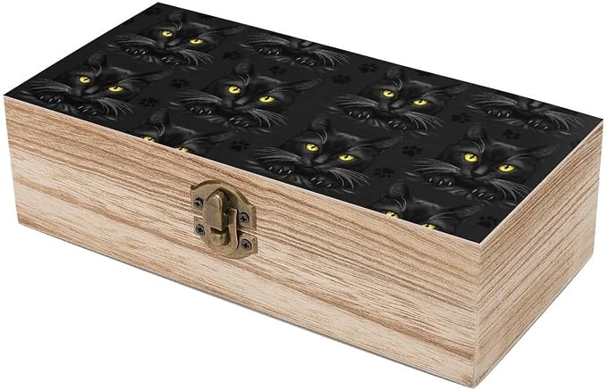 Wooden Keepsake Storage Box Memory Boxes with Hinged Lid, Black Cat Gothic | Small Jewelry Craft Organizer Case, Decorative Wood Gift Box, Wedding Party Holiday Supplies, 9.2x5.5x3.9 Inch