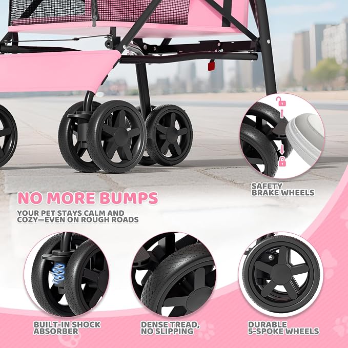 Magshion Compact Fold Pet Travel Stroller for Small Dogs Cats, Pink | Up to 22lbs, 4-Wheel Lightweight Umbrella Shaped Design, Safety Tethers, Breathable Mesh, Cup Holder & Rear Storage