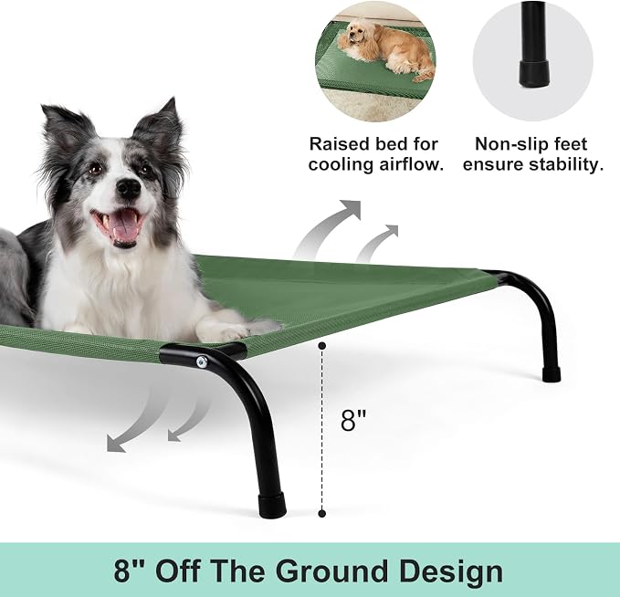 Cooling Elevated Dog Bed for Extra Large Dogs with Non-Slip Floor Protectors & Breathable Mesh, XL Raised Indoor & Outdoor Dog Cot Hammock, 54" L x 35" W x 8" Th, X-Large, Green