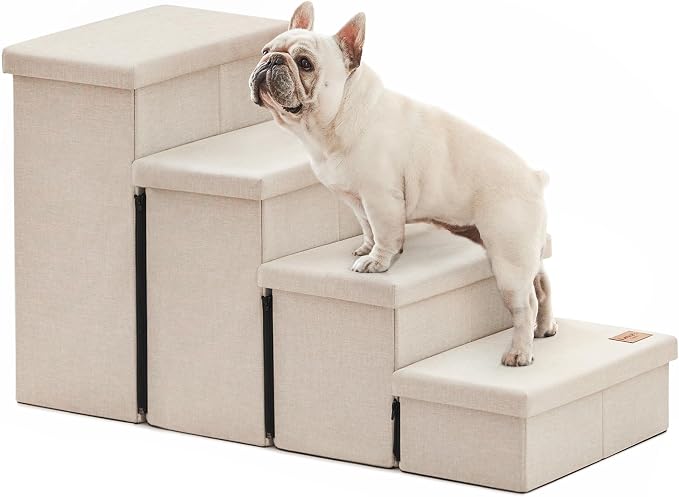 Love's cabin Dog Stairs for High Bed, Foldable Pet Stairs for Small Medium or Large Dogs Puppy with Storage for Bed or Couch, Cat Dog Steps Ramp with Zip up to 200 lbs, Beige, 4 Steps