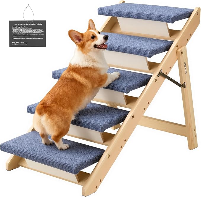 VEVOR Wood Pet Stairs, 5-Step Dog Stairs for Beds, Sofa & Cars, Floded Flat | For Small Medium Large Older Pet Puppy Essentials, 150lbs Load Capacity, Stable & Sturdy Cat & Dog Step Ladder, Non-Slip