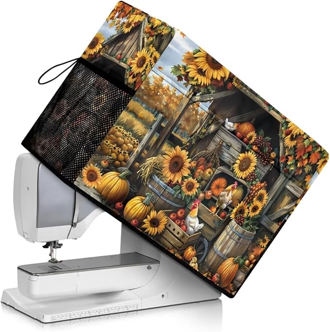 Sunflower Chicken Coop Sewing Machine Cover with Storage Pocket, 17.7 x 8.6 x 12.6 inches , Heavy-Duty Water-Resistant Fabric , Dust & Pet Hair Protection , Fits Brother, Singer, Janome
