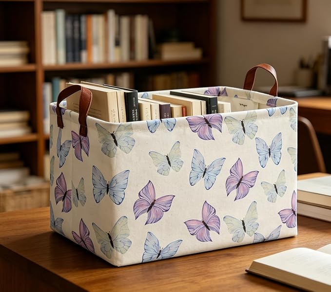 Rectangle Storage Basket with Handles, Collapsible Storage Bin, Books Box,Gift Basket(Blue & Purple Butterfly)