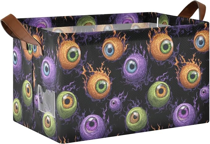 Funny Purple Green Orange Eyeball Storage Basket Foldable Cube Storage Bins with Handles&Label Waterproof Collapsible Organizer Box Bin Large Rectangle Decorative Baskets for Shelves Home Room Laundry