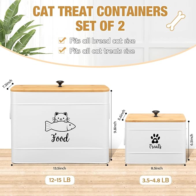 Reallnaive 2 Pcs Large Metal Cat Food Storage Containers 12+3.5 Lbs Decorative Pet Treat Snack Jars Airtight Bamboo Lids & Dry Food Scoop for Farmhouse Kitchen Counter Decor, Pet Owner Gifts(White)