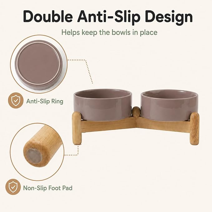 Havniva Ceramic Dog Bowls Elevated, Raised Dog Food Bowl for Puppies | 5.1” Elevated Dog Bowls, Non-Slip Wood Stand, Dog Food and Water Bowl Set, Dog Feeding Dish, Large Capacity Pet Water Bowl