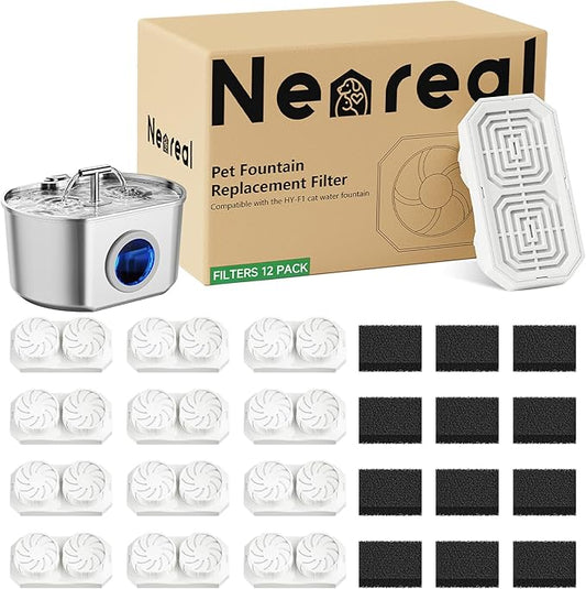Neareal Official Cat Fountain Replacement Filters & Pre-Filter Sponges for 74oz/2.2L Stainless Steel Pet Water Fountain (12 Pack)