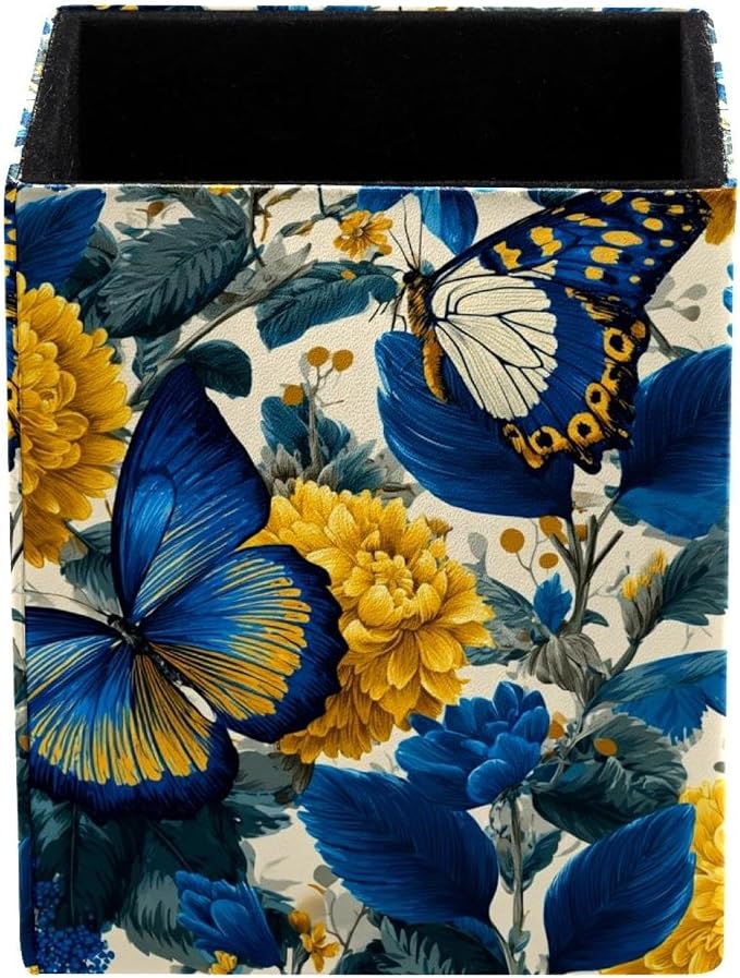 Butterfly Pen Holder for Desk Decor, Rectangular PVC Leather Pencil Cup for Desk Pen Organizer, Makeup Brush Holder for School, Home, Office