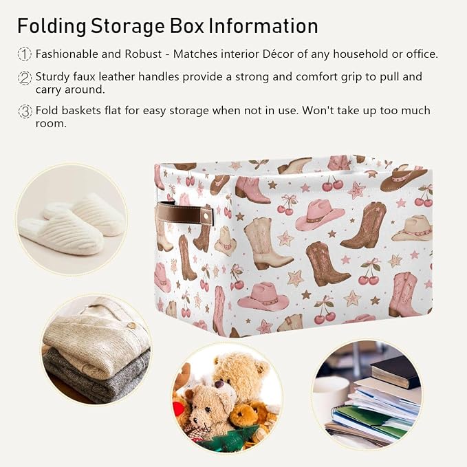 Kigai Storage Basket, Fabric Collapsible Closet Organizer Bin | Western Print Waterproof Foldable Canvas Basket with Handles for Shelves, Nursery, Closet, Bedroom & Bathroom