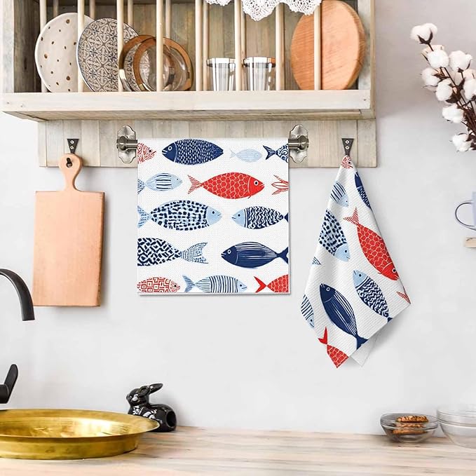 Decorative Fish Waffle Kitchen Dish Cloths Colorful Vintage Nautical Beach Abstract Fishes Ultra Soft Absorbent Quick Drying Dish Towels 16 X 24 Inches Set of 2