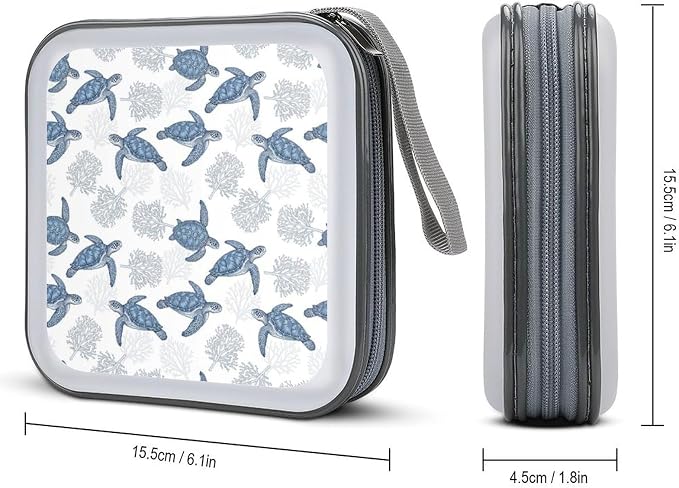 DVD Storage Binder for 40 Discs Sea Turtle Grass Natural Watercolor, Hard Shell Protective Wallet with Handle, Portable CD Organizer for Car Travel