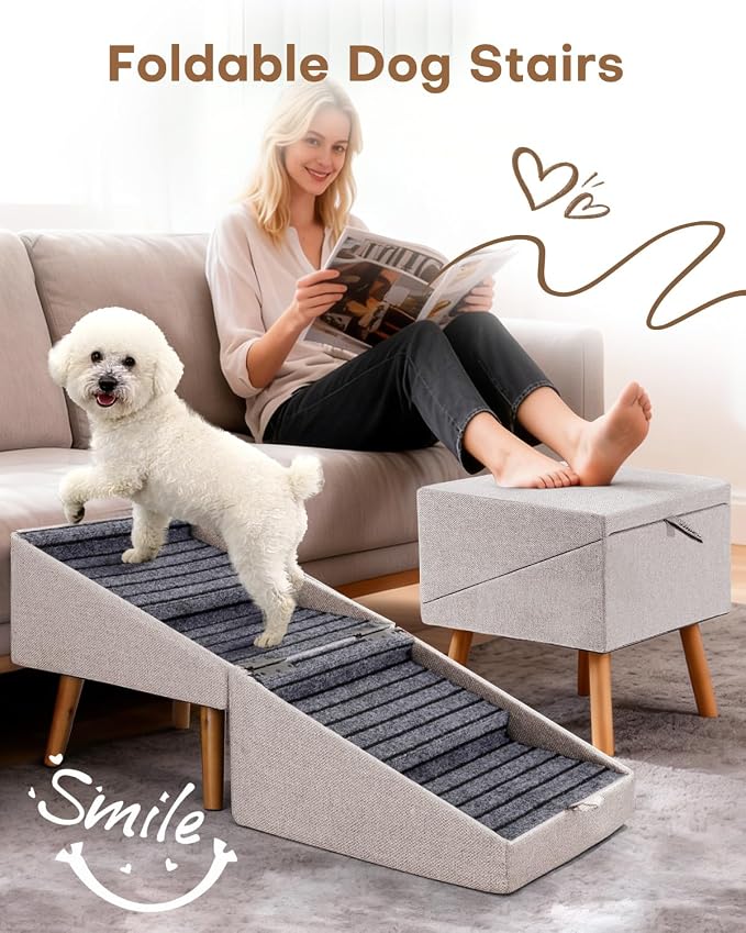 Split Ottoman Dog Ramp for Couch and Bed,17.13" H Dog Stairs for Small Dogs and Cats, Foldable 2 in 1 Pet Steps for Medium Large Dogs and Puppy, Non-Slip Wooden Doggie Steps