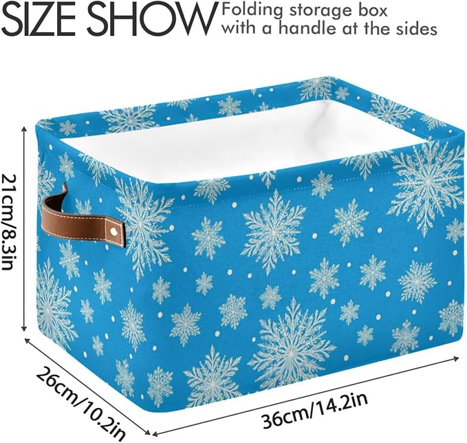 Snowflakes Christmas Blue Print Rectangular Storage Bin Basket with Handles - Organizer Bin for Books Laundry Basket for Pets Playroom Clothes