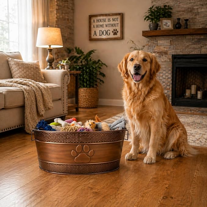 BREKX Copper Metal Dog Toy Storage Bin, Indestructible, Large | Toy Box, Blanket & Leash Organization • Handles