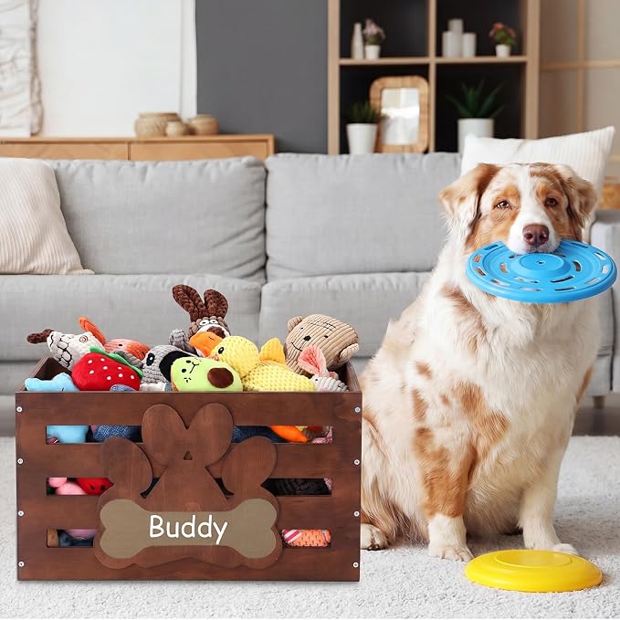 Cinnvoice Large Dog Toy Basket Wood Dog Toy Bin Storage Box with Handles and Label Position Design Large Organizer with Paw Pattern Print for Pets Toys Food Blankets Clothes 18"x12"x10" (Dark Brown)