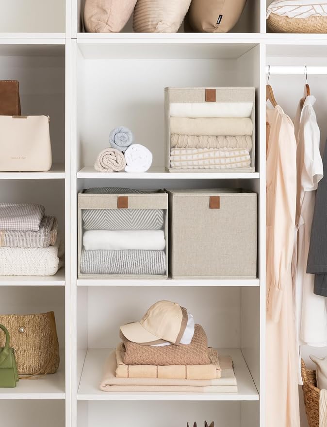 StorageWorks 11x11 Storage Cubes, Fabric Bins, Brown and Beige, 3-Pack | Clear Window for Visibility, 2 Soft Leather Handles, Collapsible, Flip to Show/Hide, Storage Baskets for Closet, Shelf, Cubby