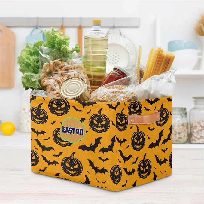 Custom Storage Baskets Name, Personalized Storage Bins Basket Boxes PU Leather Handles for Clothes Bedroom Closet Organizing Toys Books Shelves, Black Halloween Pumpkin Bats Pattern Yellow