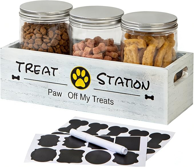 Dog Treat Container with 3 Airtight Jars and Wooden Tray, Labels and Marker | Reusable Write-On Stickers, Built-In Handles, Clear Pet Food Storage Canisters for Countertop, Farmhouse Decor for Pet Owners