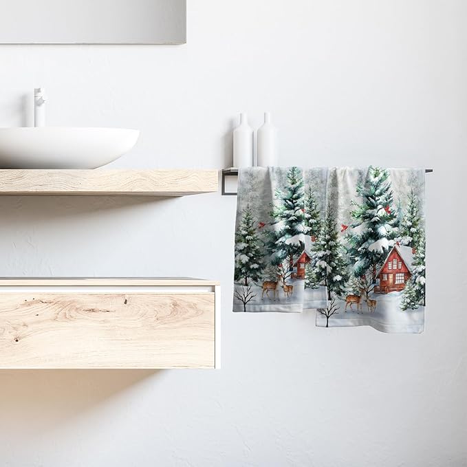 Giwawa Winter Deer Hand Towels Set of 2 Watercolor Pine Trees Red Birds Holiday Towel Xmas Elk Moose Snow Cottage Lodge Face Towel Quick Drying Dish Wash Cloth for Hotel Bathroom Gym