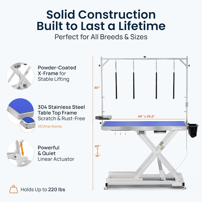 Professional Electric Dog Grooming Table - Heavy Duty | Height Adjustable Pet Grooming Table w/Leveling Wheels, Dog Grooming Arm, Anti-Slip Tabletop & Tool Organizer (White, 49")