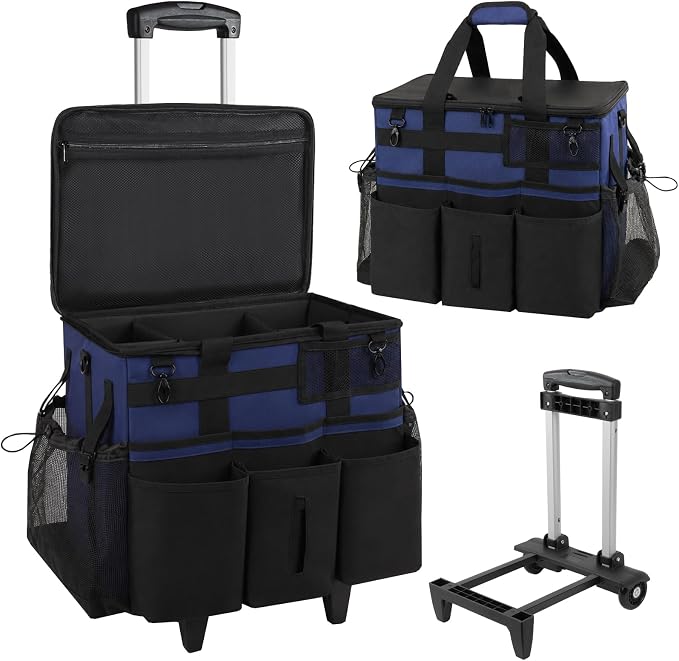 SCAVATA Rolling Cleaning Caddy Bag with Detachable Trolley, Large Cleaning Supplies Organizer with Wheels, Multi-Pocket Cleaning Cart with Adjustable Shoulder Strap for Housekeepers (NavyBlue)