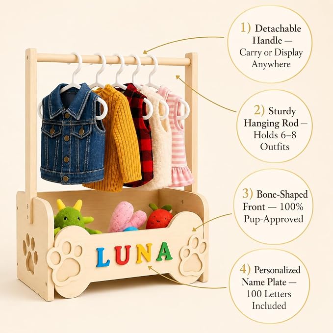 Dog Closet for Small Dogs, Wooden Clothes Rack with 10 Hangers & Toy Bin | Pulchrum personalized DIY name plate, pet apparel organizer for Chihuahua, Yorkie & Pomeranian, pet-parent gift, puppy stand