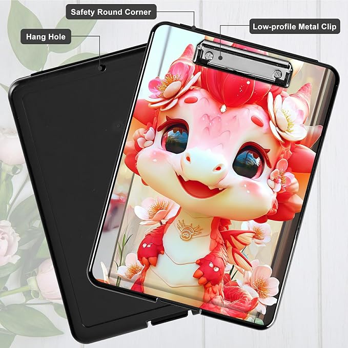 Heavy Duty Storage Clipboard, Slim Nursing Clipboard with Internal Pen Case, Portable File Organizer Case for A4 Letter Size Paper Office Medical Professionals, Pink Dragon